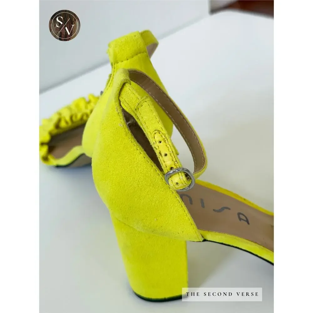 Unisa Diara Suede Strap Ruffle Block Heels Bright Yellow Size 9 - Picture 3 of 6